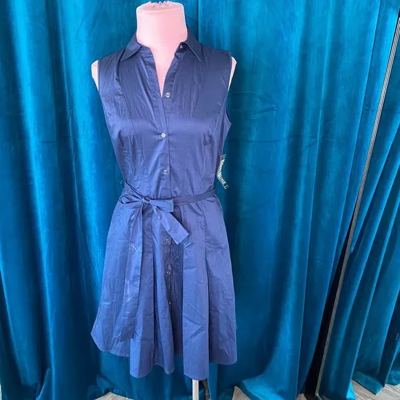 new york and company shirt dress Sleeveless Linen Blend Shirt Midi Dress - SMALL / BLUE